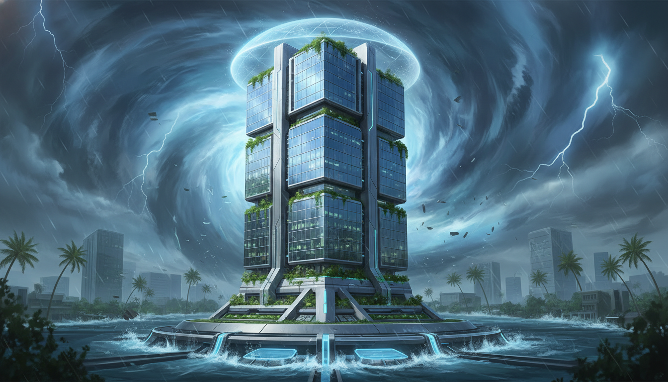 Modern commercial building protected against storm with resilient planning