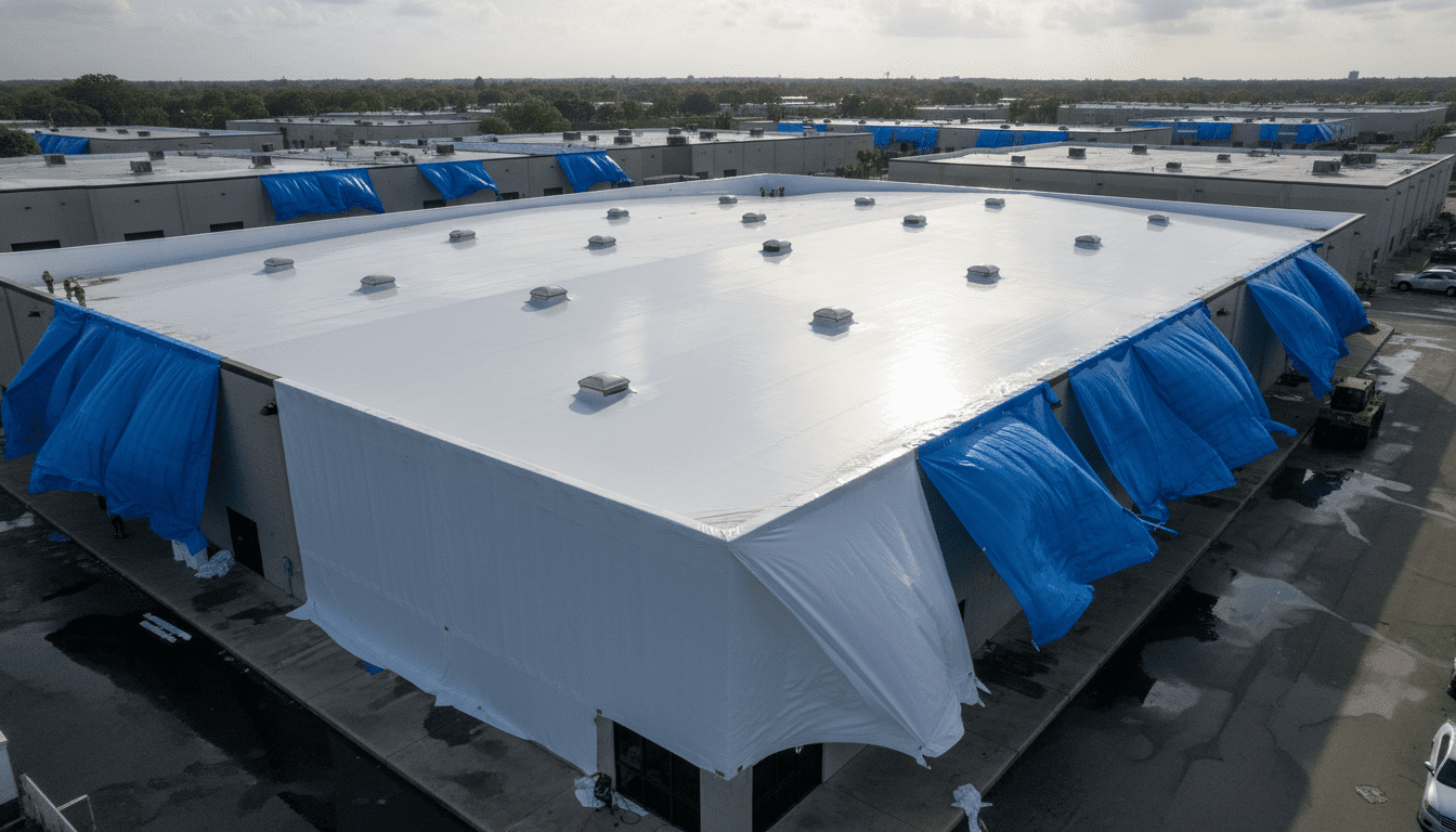 Professional white shrink wrap installed on a storm-damaged commercial roof, contrasting with blue tarps.