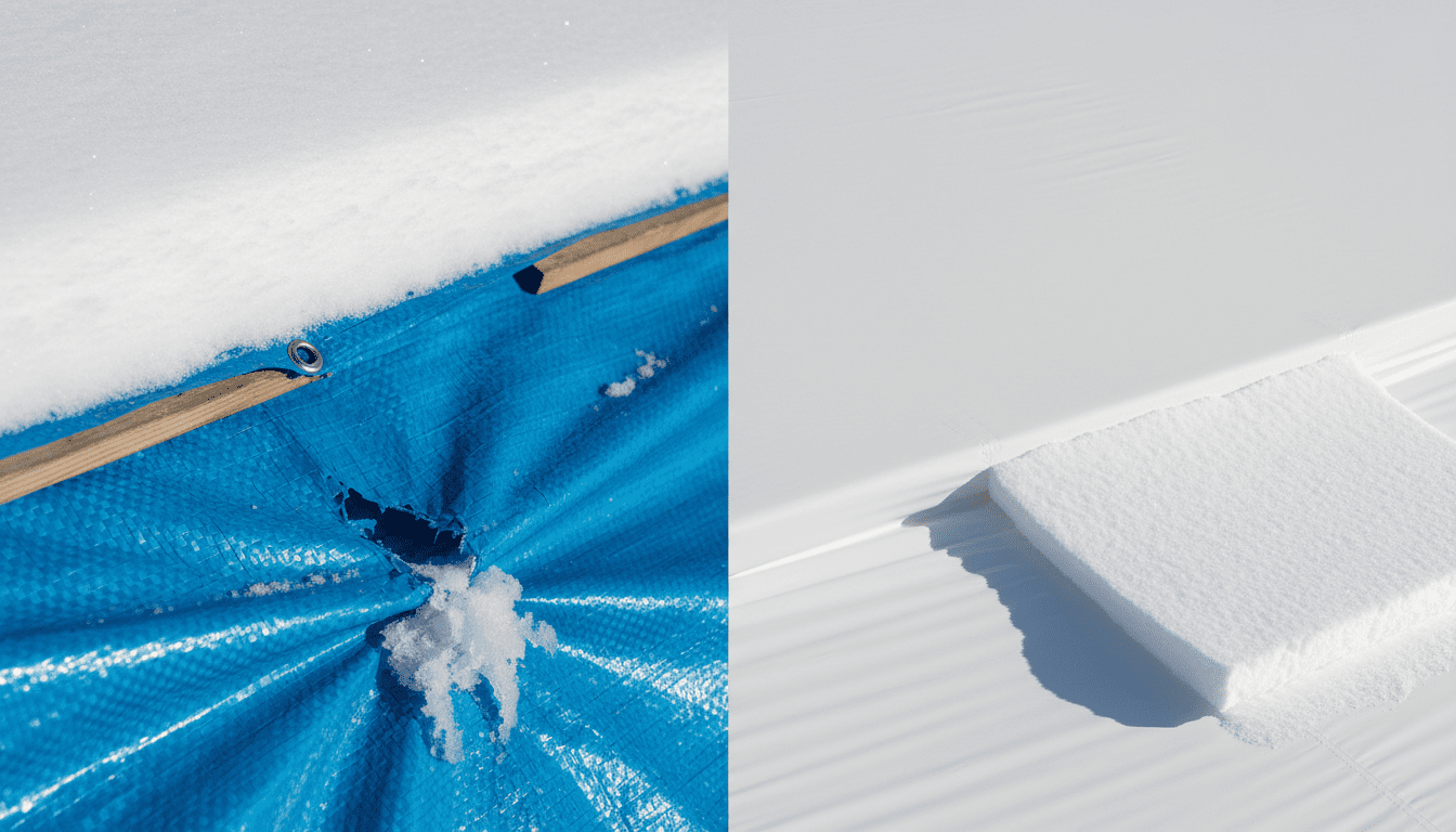 Comparison of sagging blue tarp holding heavy snow load versus tight white shrink wrap shedding snow.