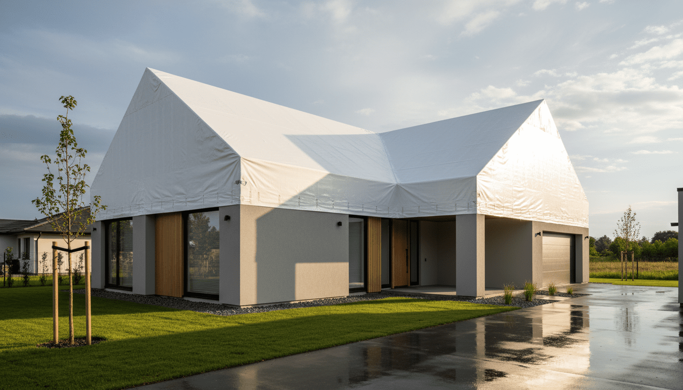 Professional white shrink wrap roof protection on a home after storm damage.