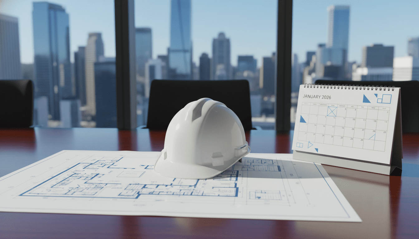 Commercial building blueprint with hard hat and January 2026 calendar, representing strategic disaster response planning.