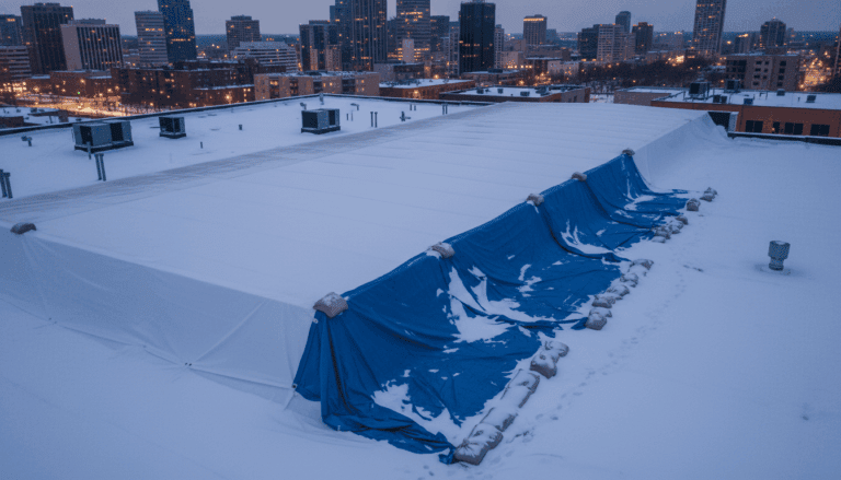 Commercial roof comparing heat-sealed shrink wrap vs torn blue tarp during winter snow.