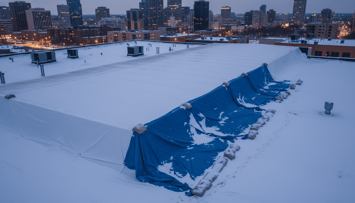 Commercial roof comparing heat-sealed shrink wrap vs torn blue tarp during winter snow.