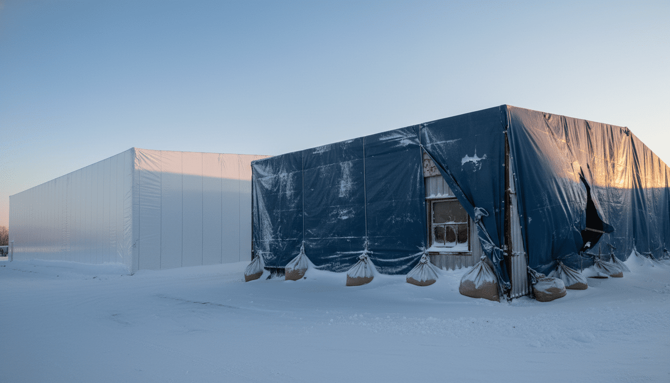 White heat-sealed shrink wrap roof protection on a commercial building compared to a failing blue tarp during winter.