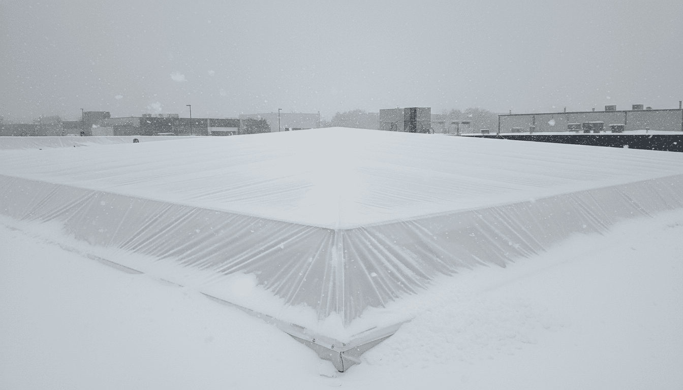 White 12-mil shrink wrap roof enclosure shedding heavy snow during a winter storm.