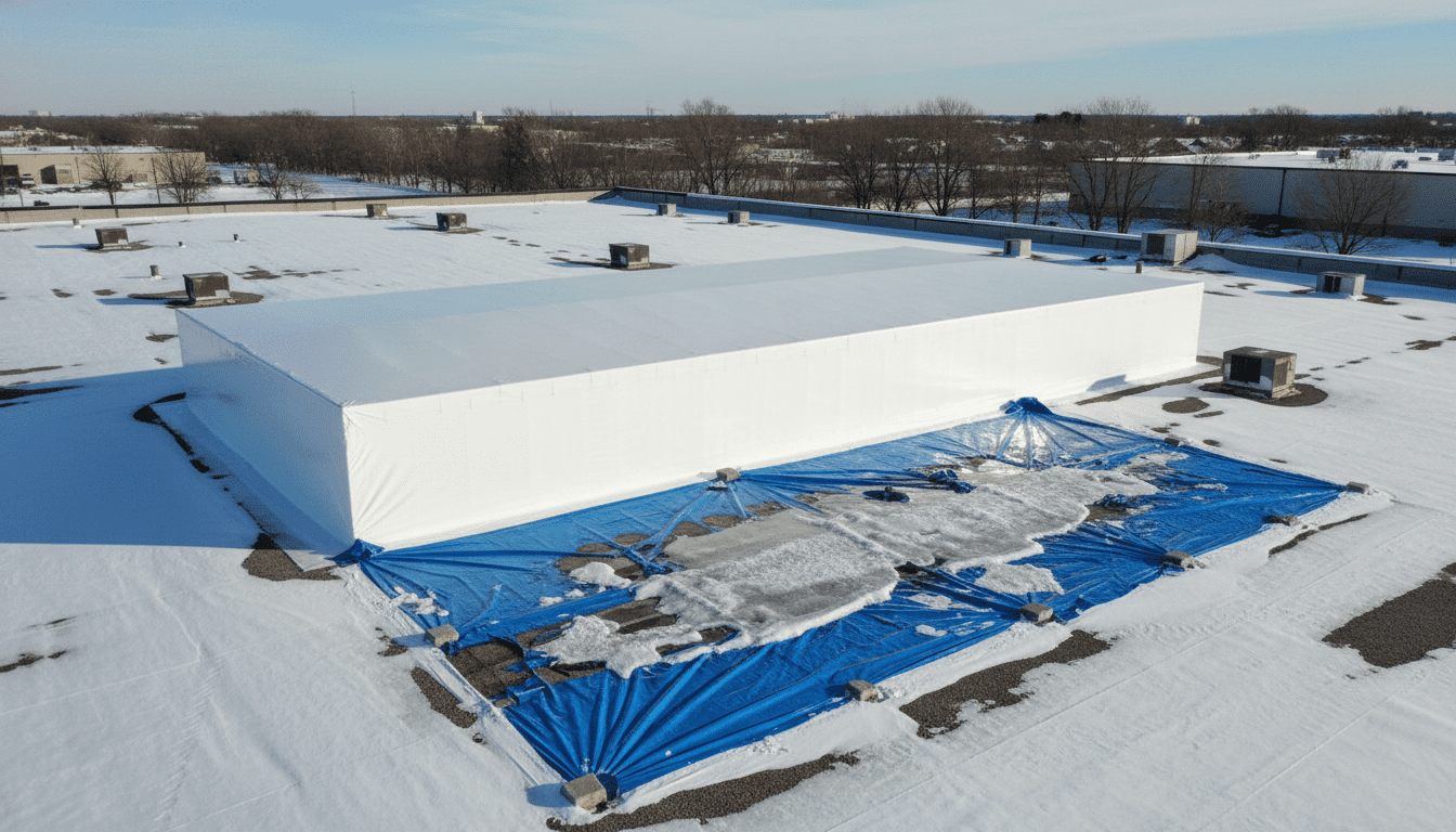 Commercial flat roof with professional shrink wrap enclosure protecting against ice dams and snow load.