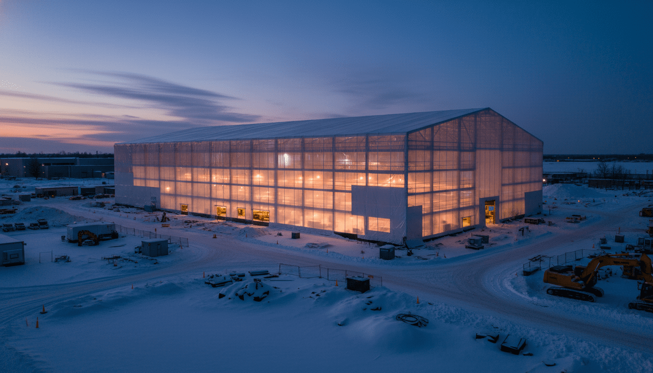 White industrial shrink wrap encapsulating a commercial building during winter construction.