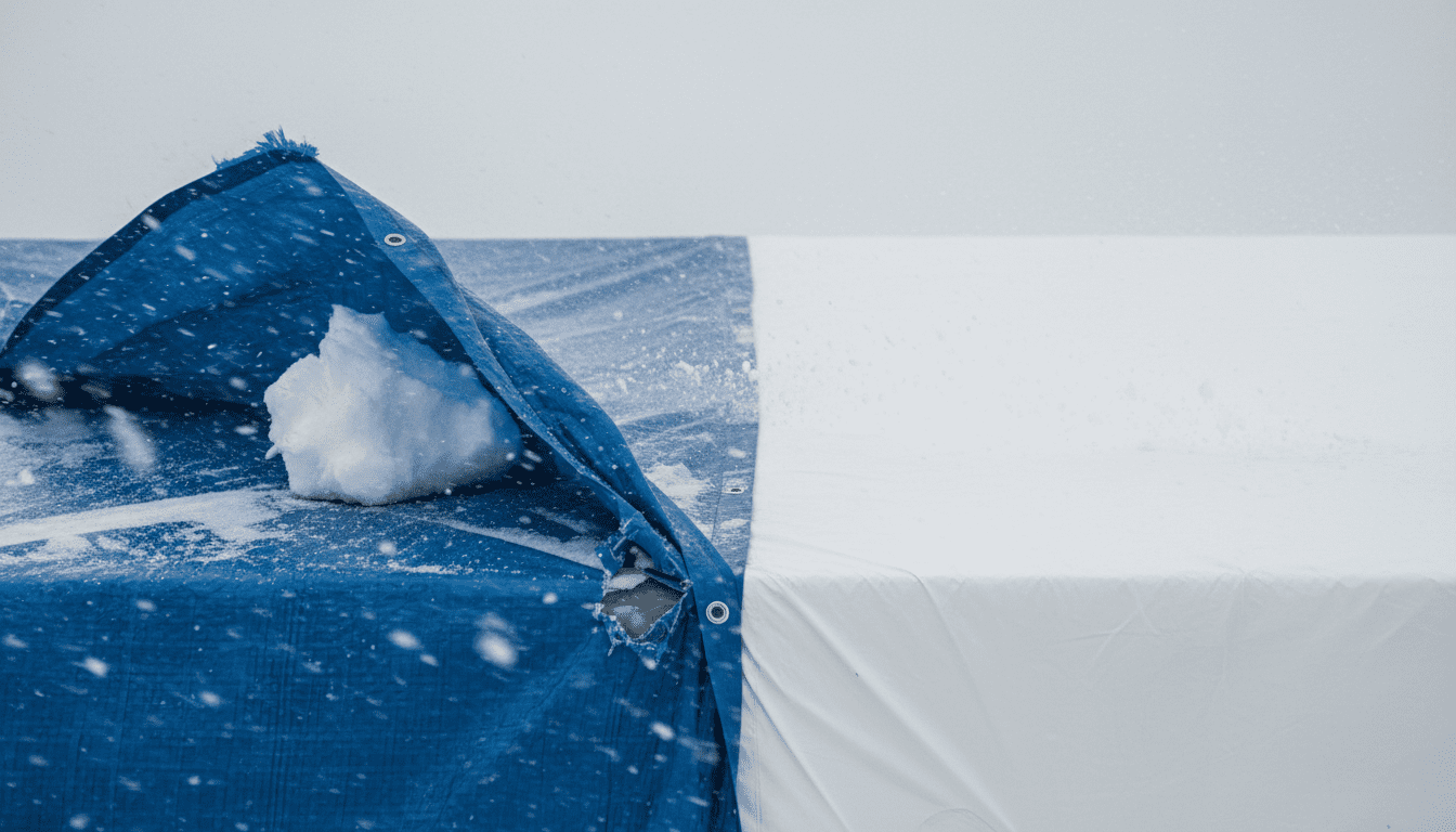 Comparison of torn blue tarp vs seamless shrink wrap on a roof during a winter snowstorm.