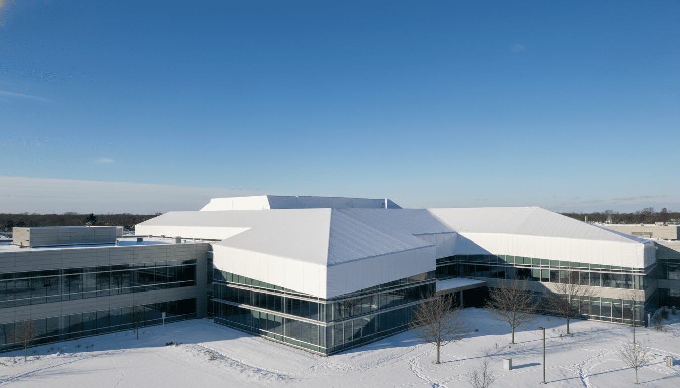 Seamless white shrink wrap protecting a hospital roof during winter, ensuring infection control and weatherproofing.