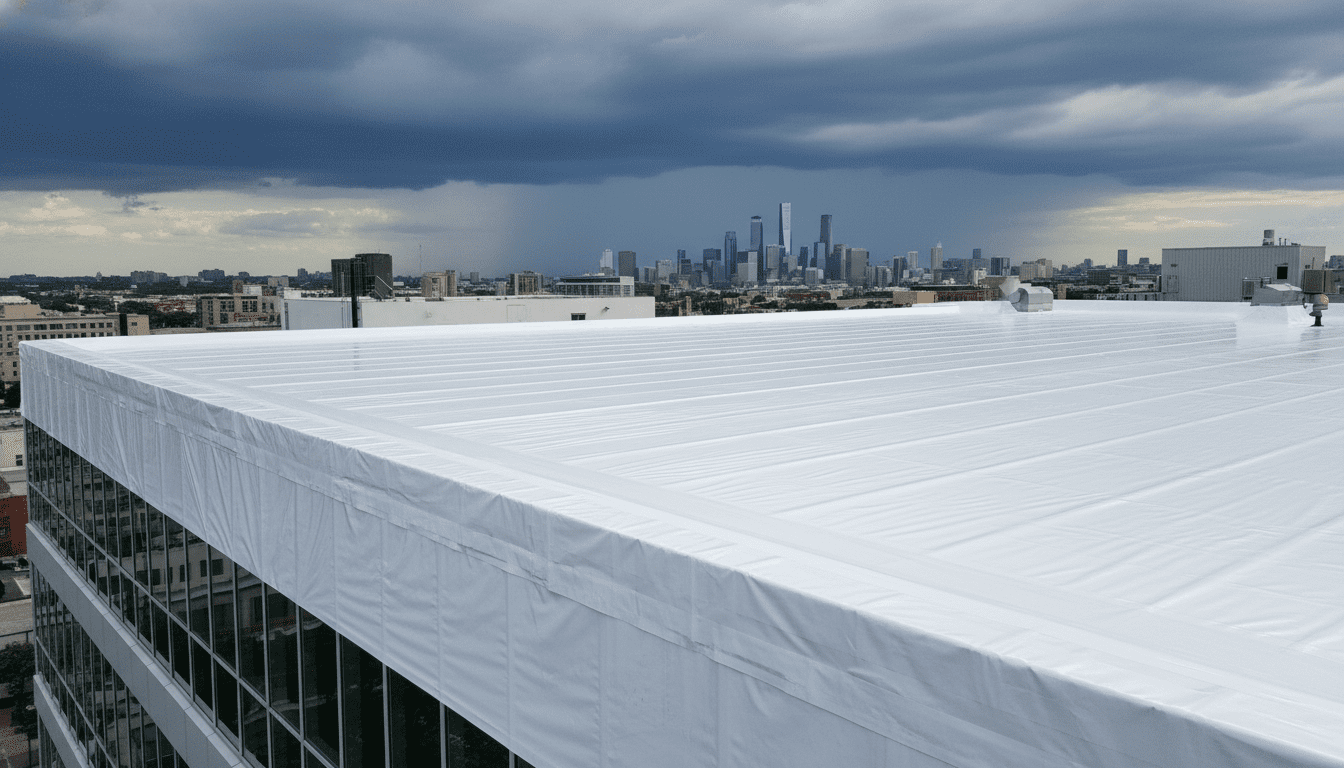 Commercial building roof protected by StormWrappers shrink wrap during storm season.