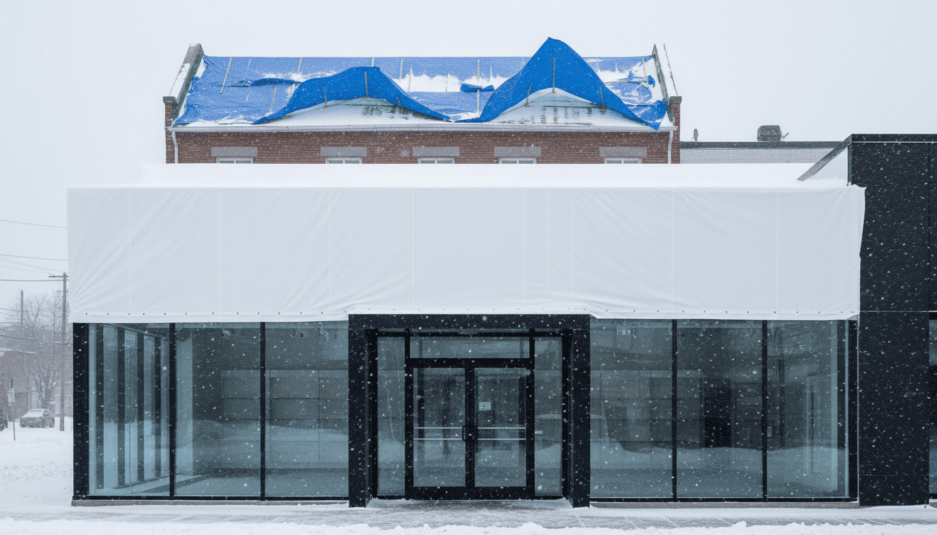 White shrink wrap roof enclosure on a retail store protecting against winter snow and wind.