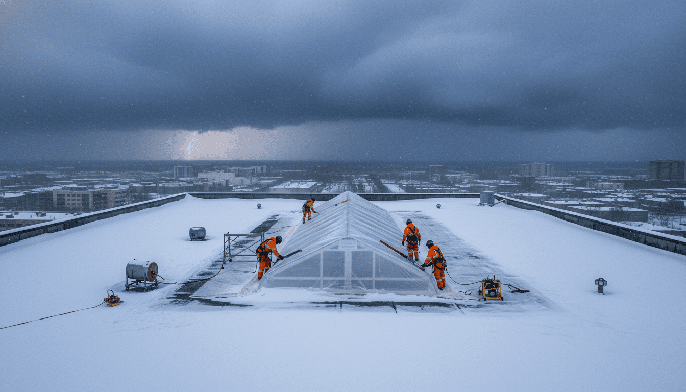 Professional shrink wrap crew securing a commercial roof during a winter ice storm.
