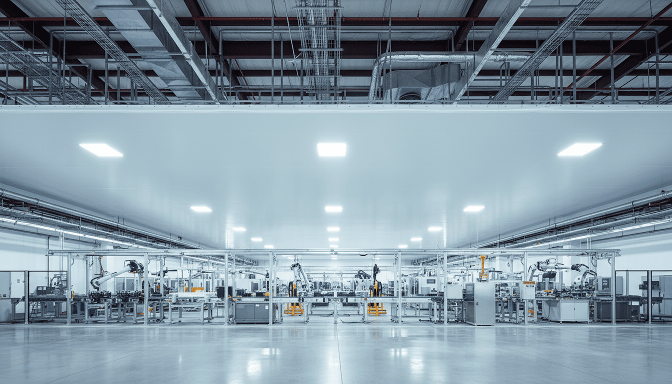 Interior suspended shrink wrap ceiling protecting manufacturing machinery from roof repair debris.