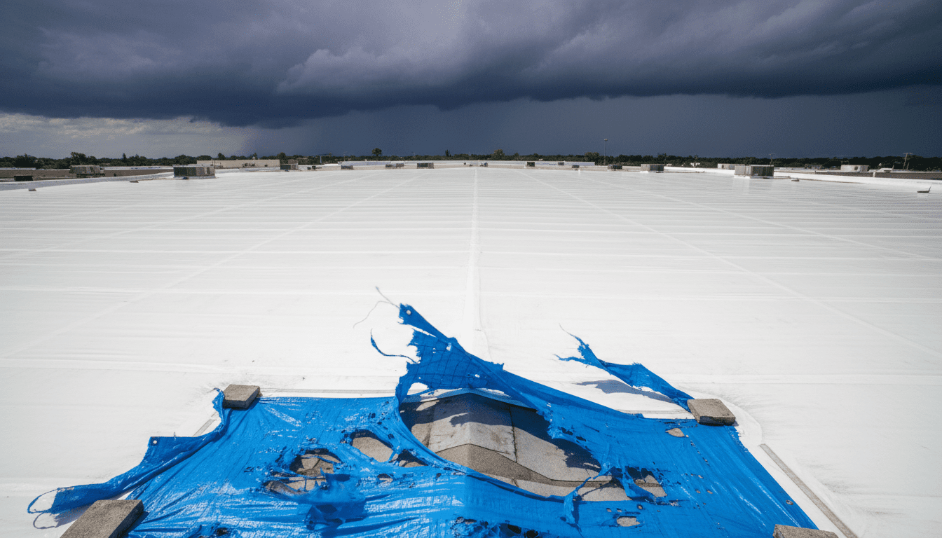 Seamless white shrink wrap roof protection installed on a commercial building compared to a failing blue tarp.
