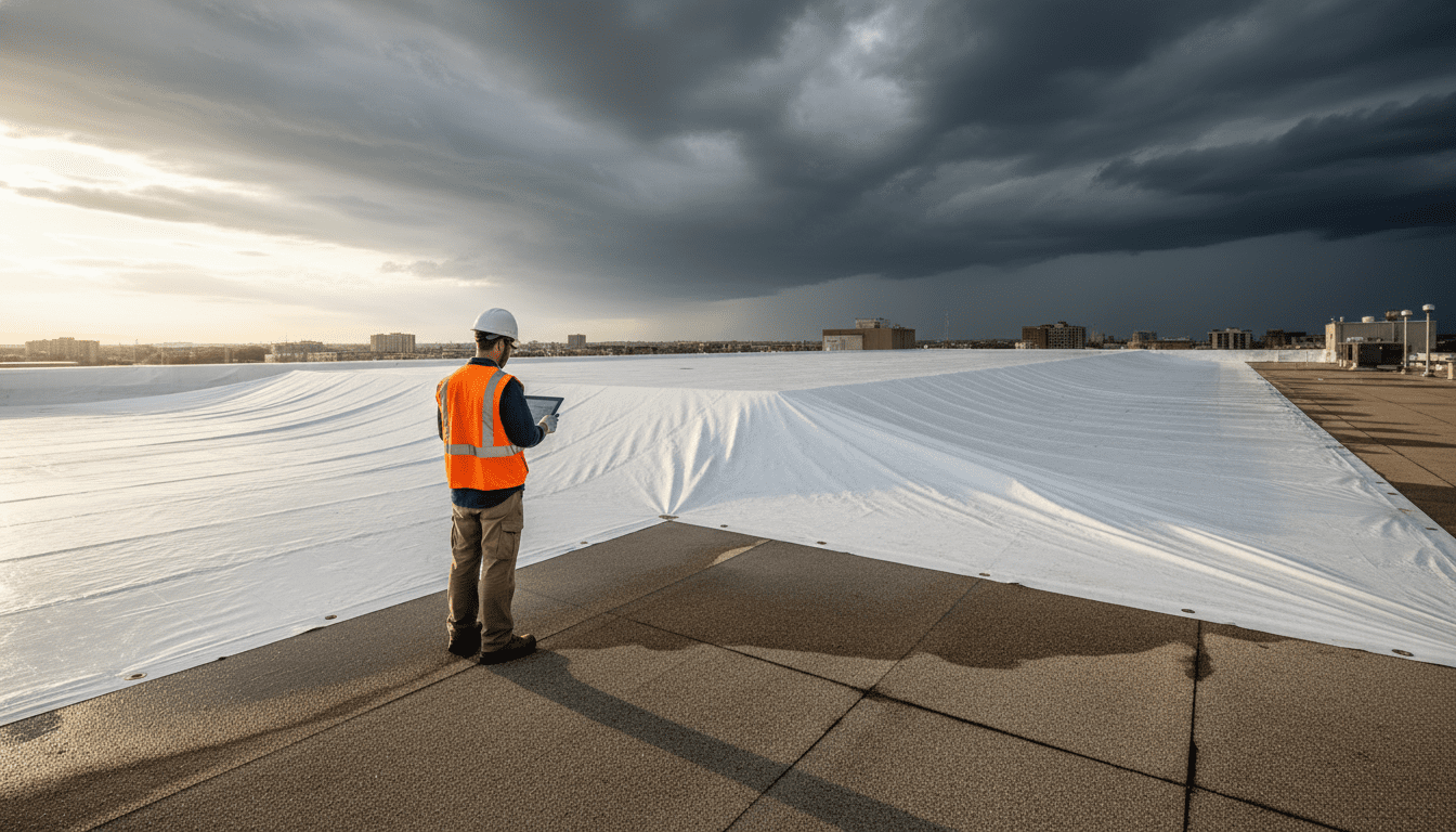 Commercial roof protected by white shrink wrap during post-storm restoration assessment.