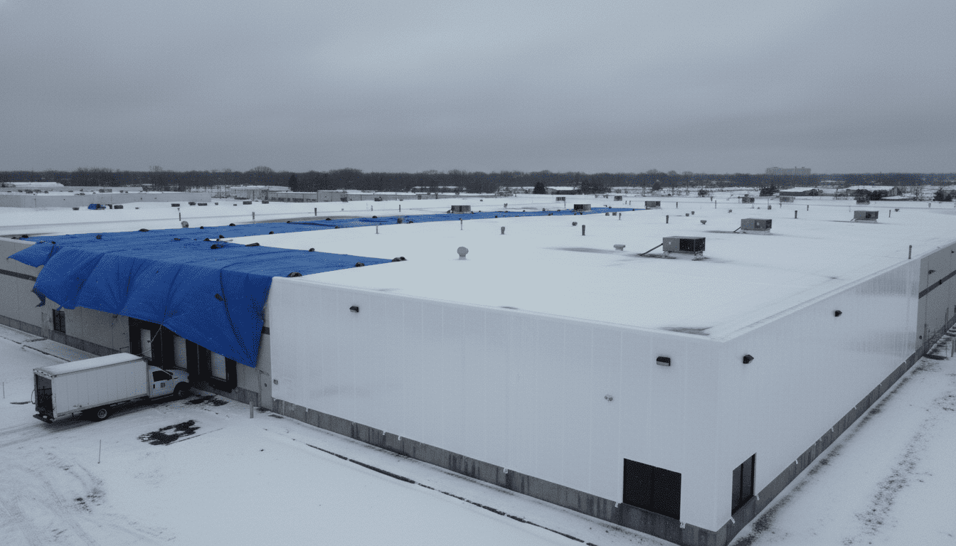 Paul Davis franchise commercial shrink wrap vs blue tarp comparison on a flat roof in winter.