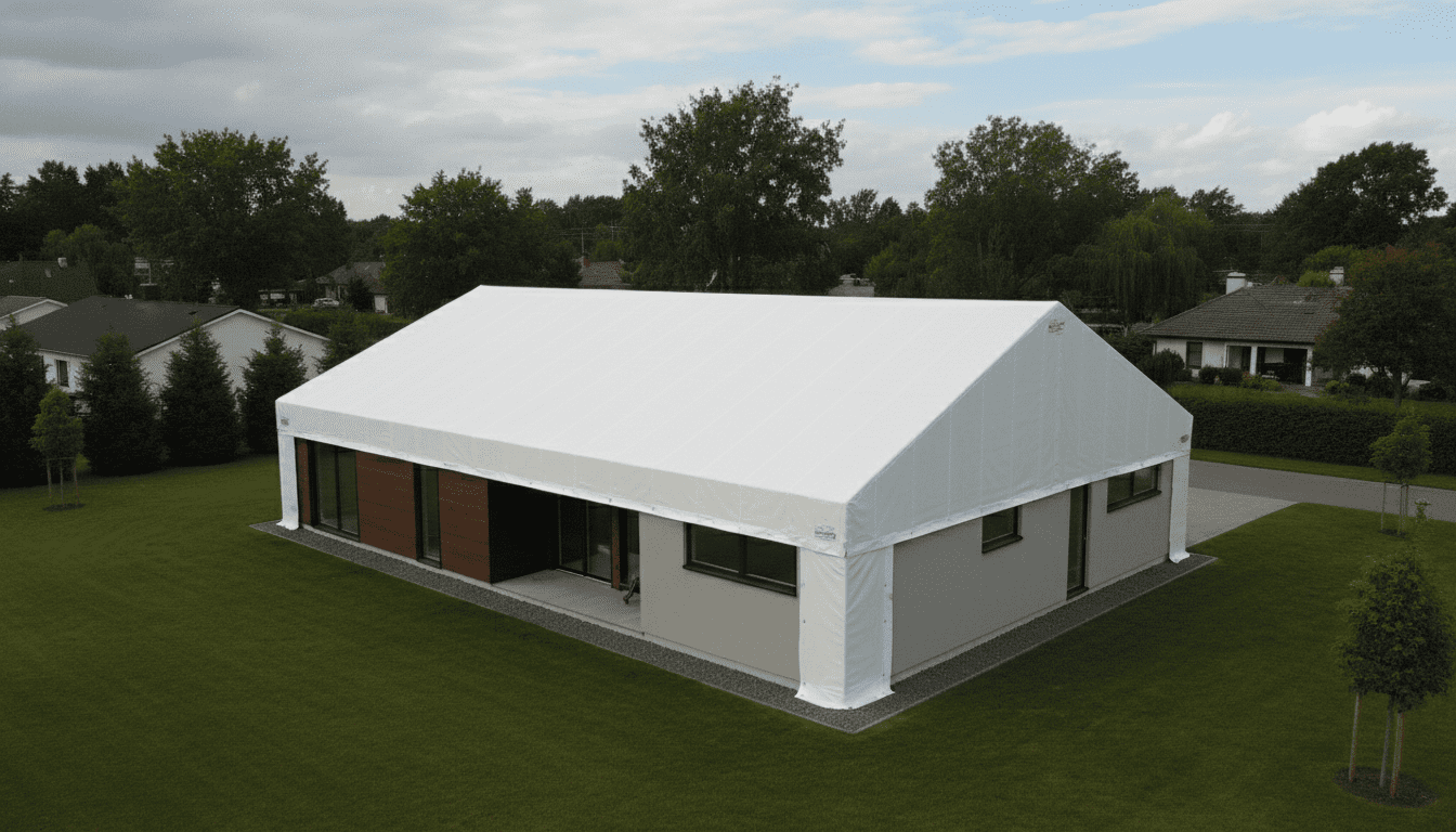 Professional shrink wrap roof installation on a residential home to prevent storm damage.