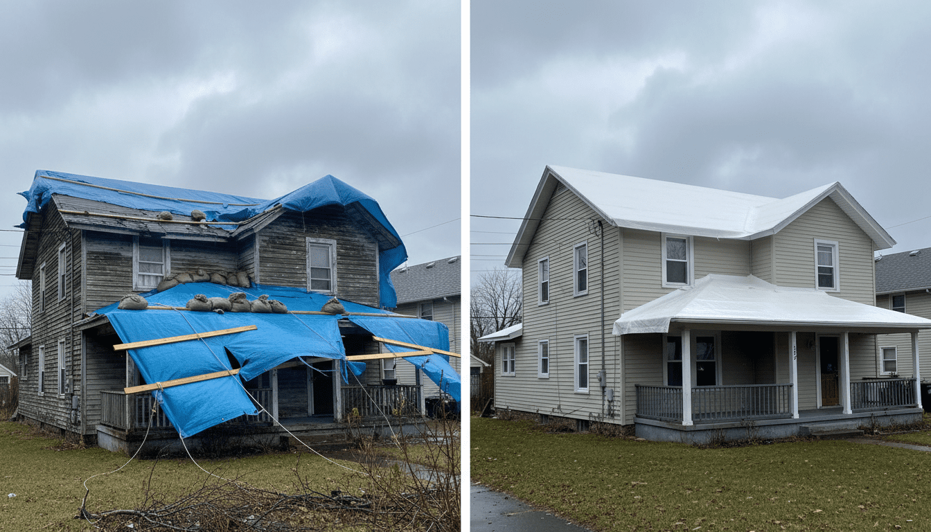 Comparison of a failing blue tarp roof versus a professional heat-sealed shrink wrap roof installation.