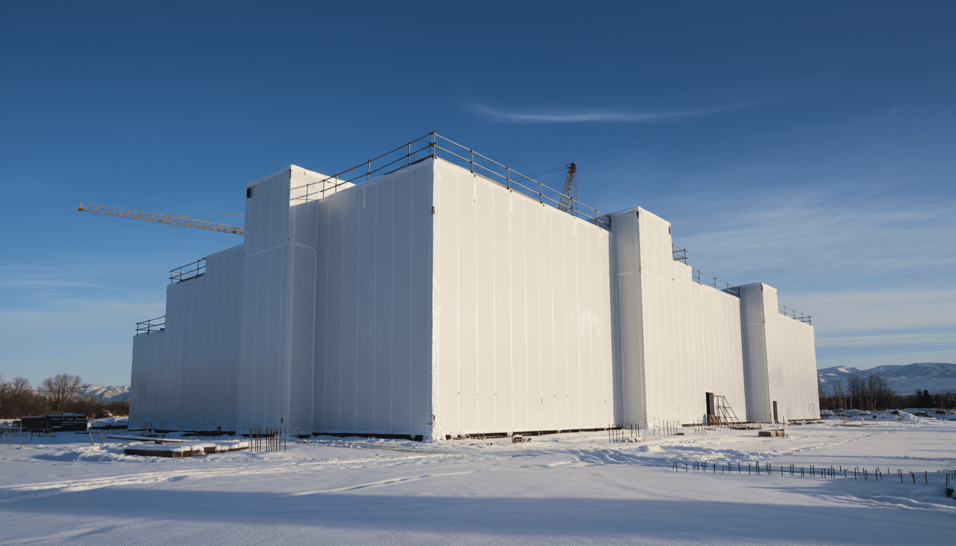 White shrink wrap enclosure on commercial construction scaffolding during winter.