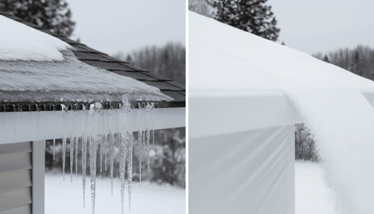 Comparison of a damaging roof ice dam versus a protected StormWrappers shrink wrapped roof.
