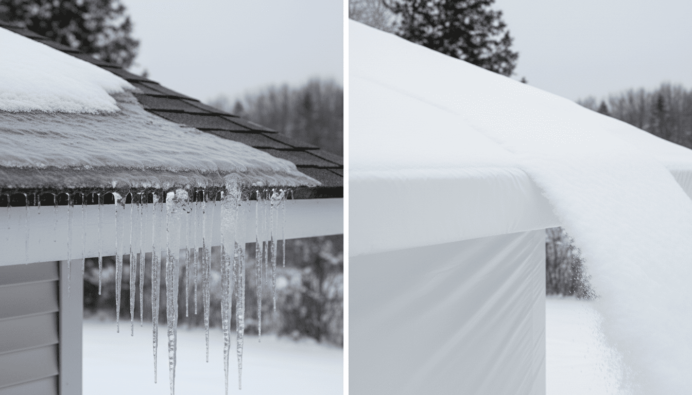 Comparison of a damaging roof ice dam versus a protected StormWrappers shrink wrapped roof.