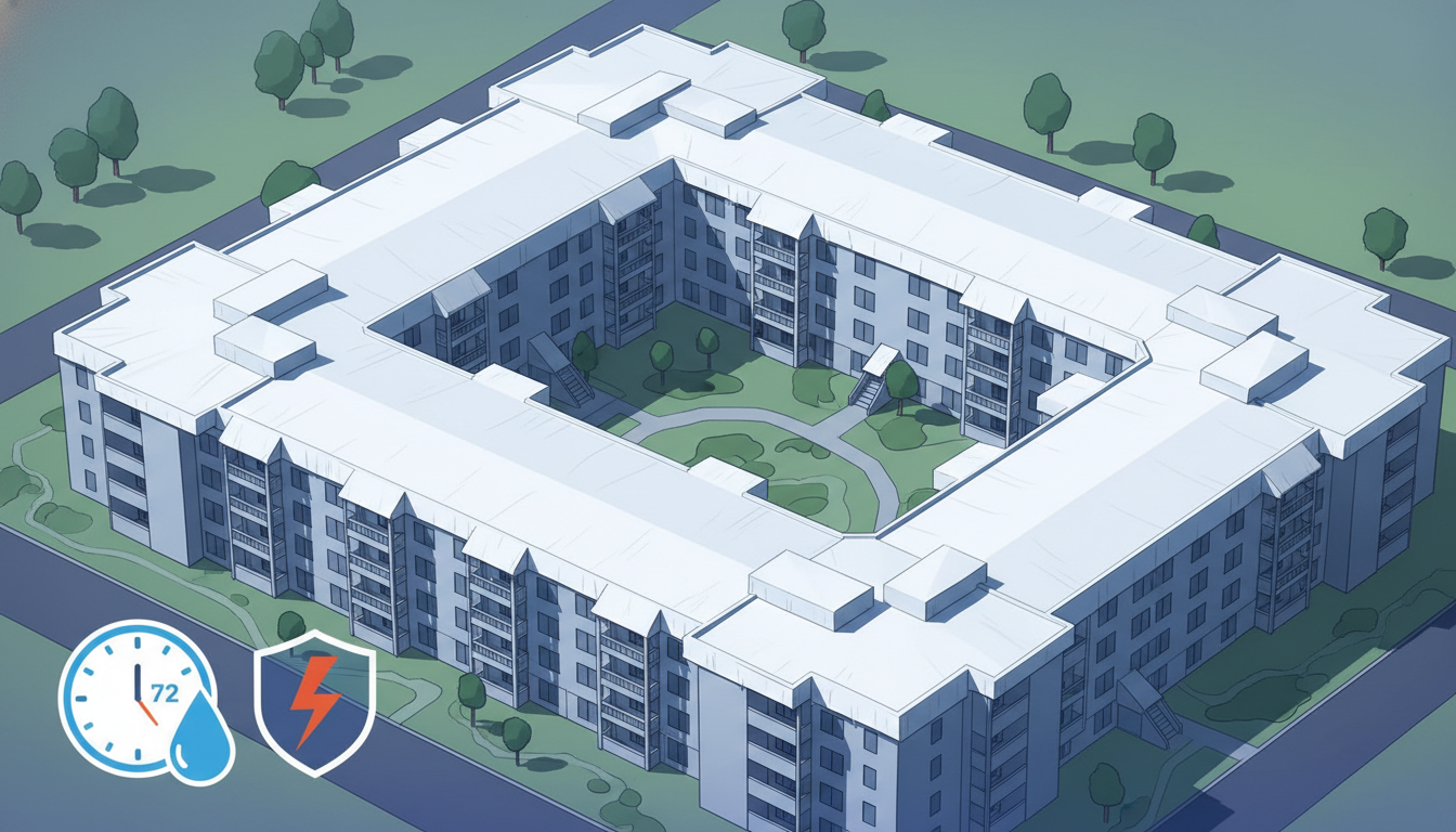 Aerial view of apartment complex with white shrink wrap on all roofs