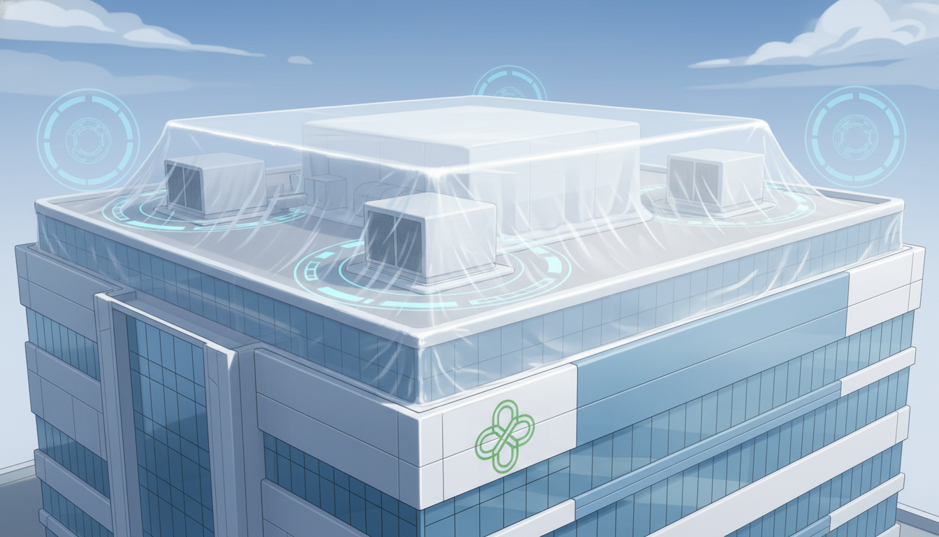 Hospital roof with white shrink wrap sealing HVAC units for infection control
