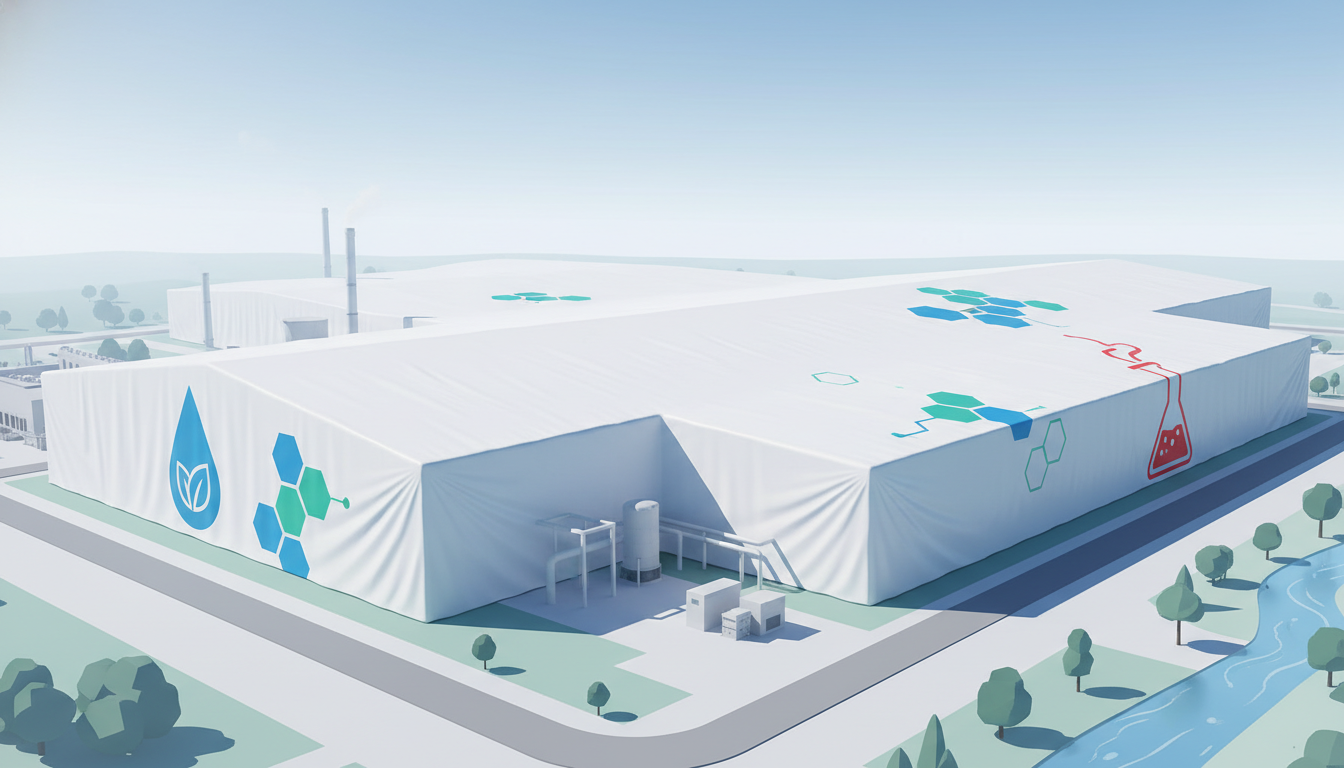 Industrial food processing plant roof protected by white heat-sealed shrink wrap