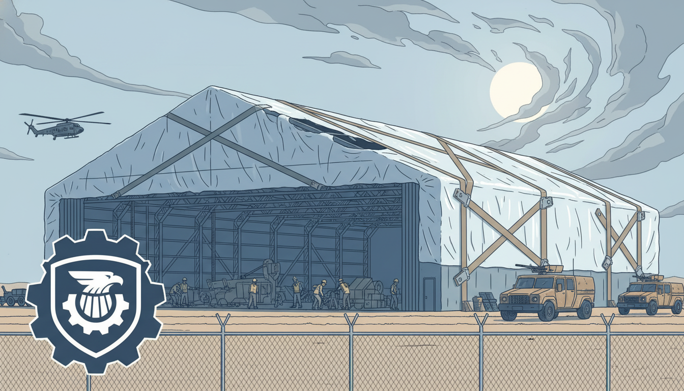 US Military hangar roof protected by heavy duty shrink wrap