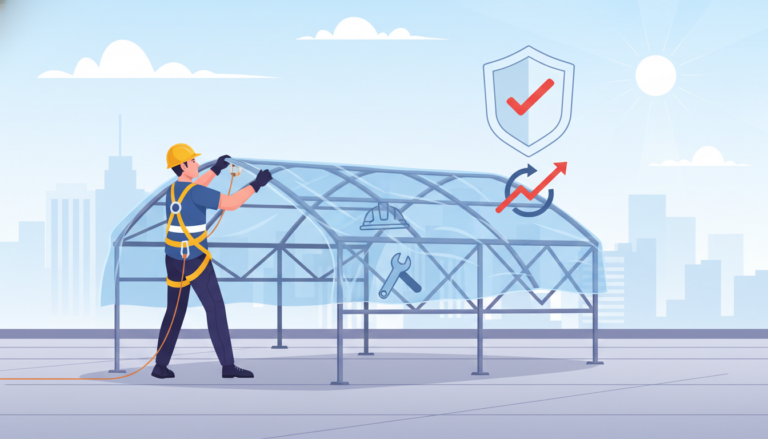 Construction worker with safety harness installing shrink wrap on roof