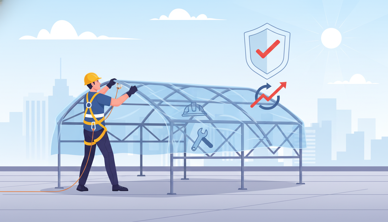 Construction worker with safety harness installing shrink wrap on roof