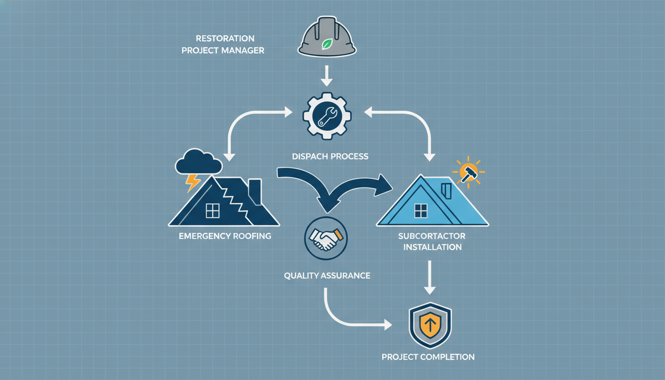 Workflow diagram for subcontracting emergency roof shrink wrap services