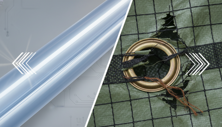 Close-up comparison of 12-mil heat welded seam versus torn blue tarp grommet