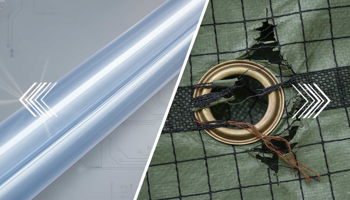 Close-up comparison of 12-mil heat welded seam versus torn blue tarp grommet