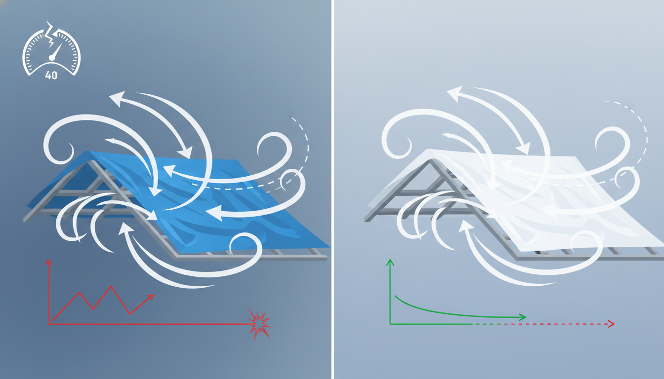Diagram of wind uplift forces on blue tarp versus heat-sealed shrink wrap