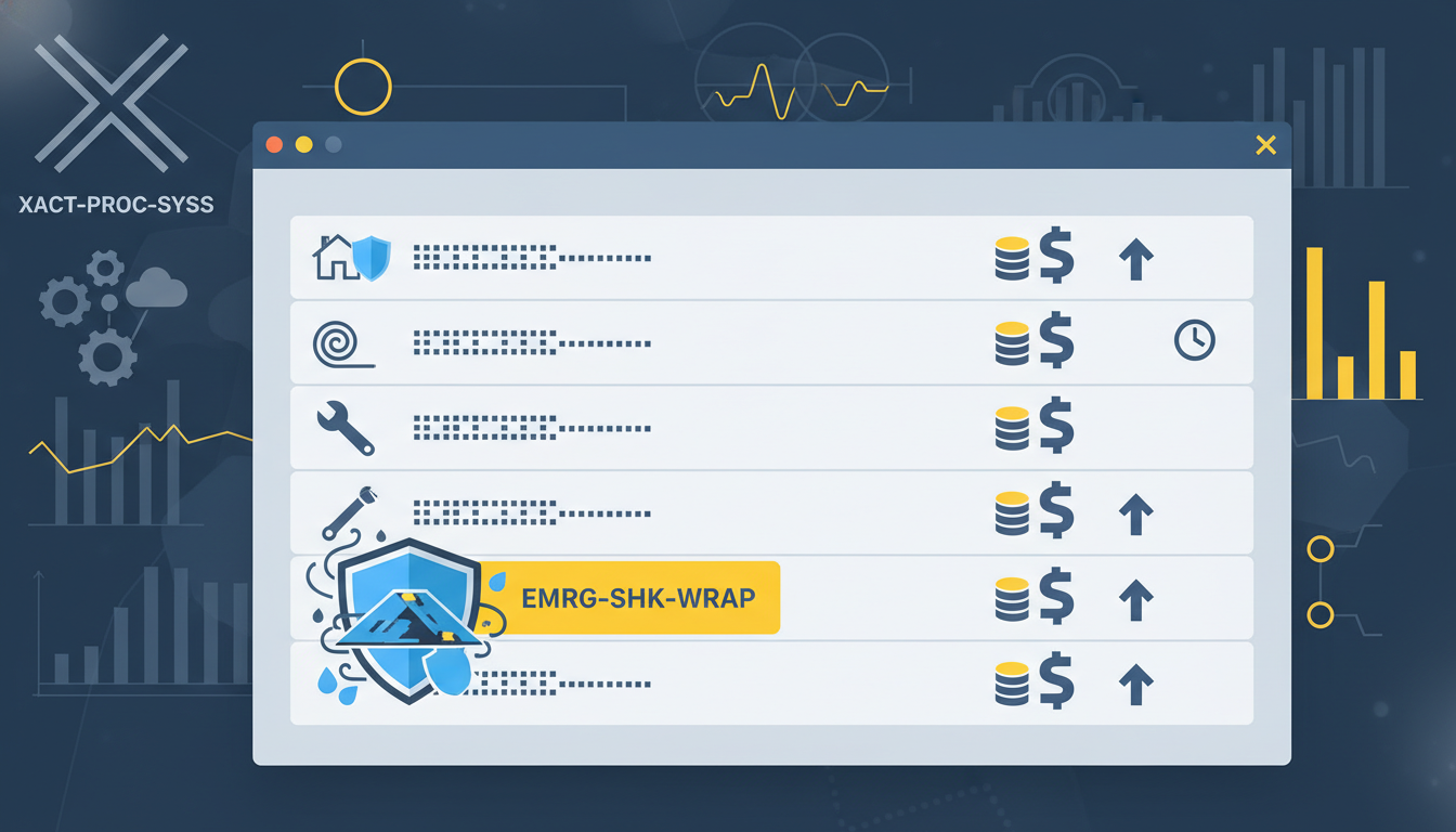 Xactimate software screen showing roofing line items for shrink wrap