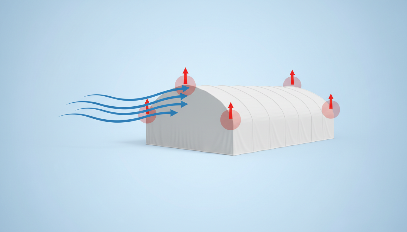 Engineering diagram of wind uplift pressures on a temporary building enclosure.