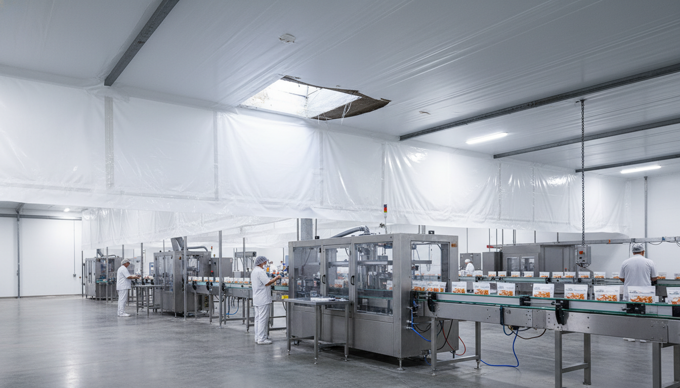 Internal shrink wrap containment for a food processing facility.