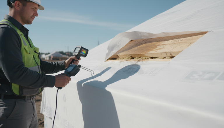Forensic roof inspection being performed on a stabilized structure.
