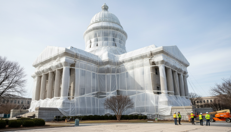 Historic building protected by a non-invasive shrink wrap system.