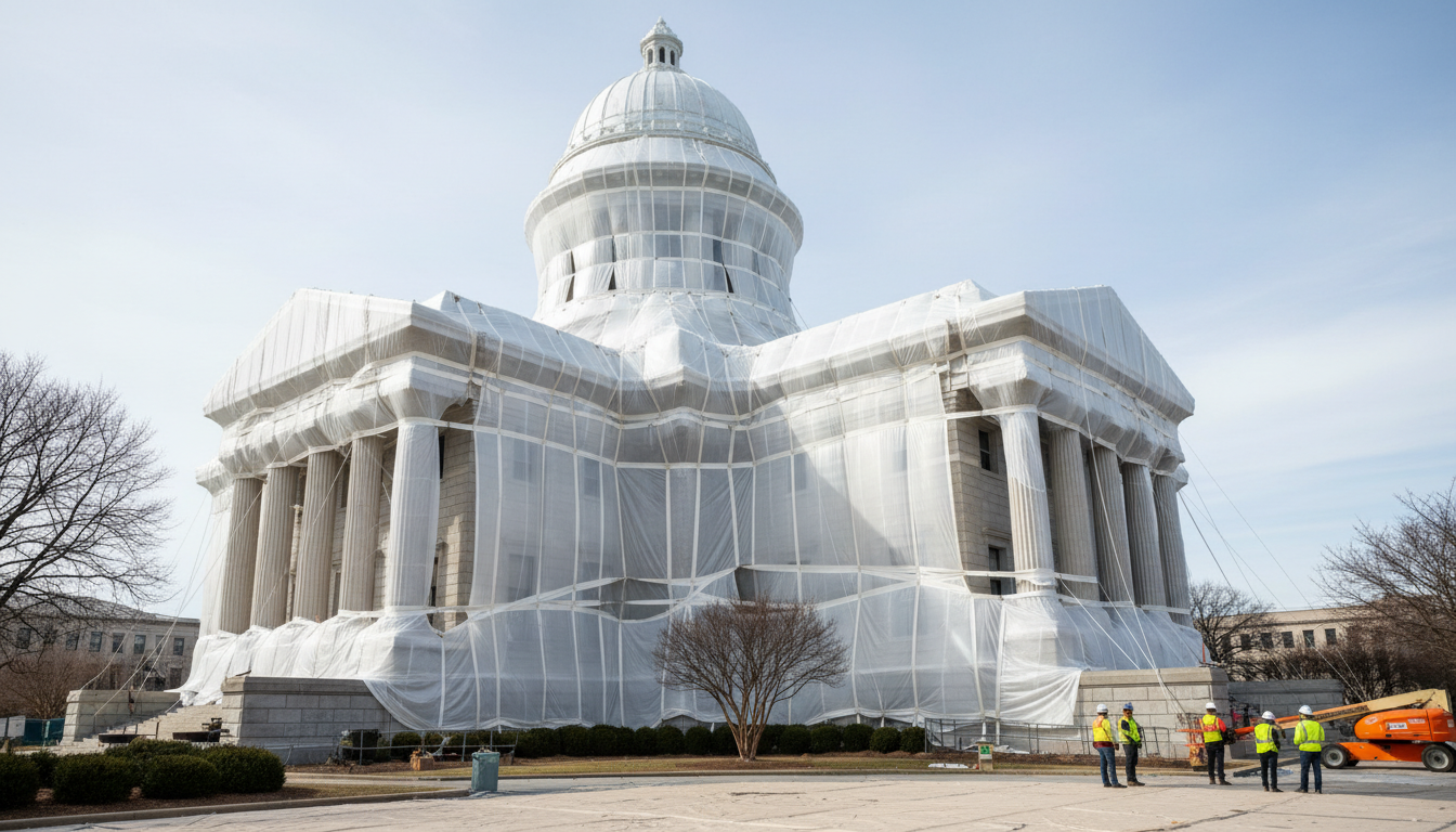 Historic building protected by a non-invasive shrink wrap system.