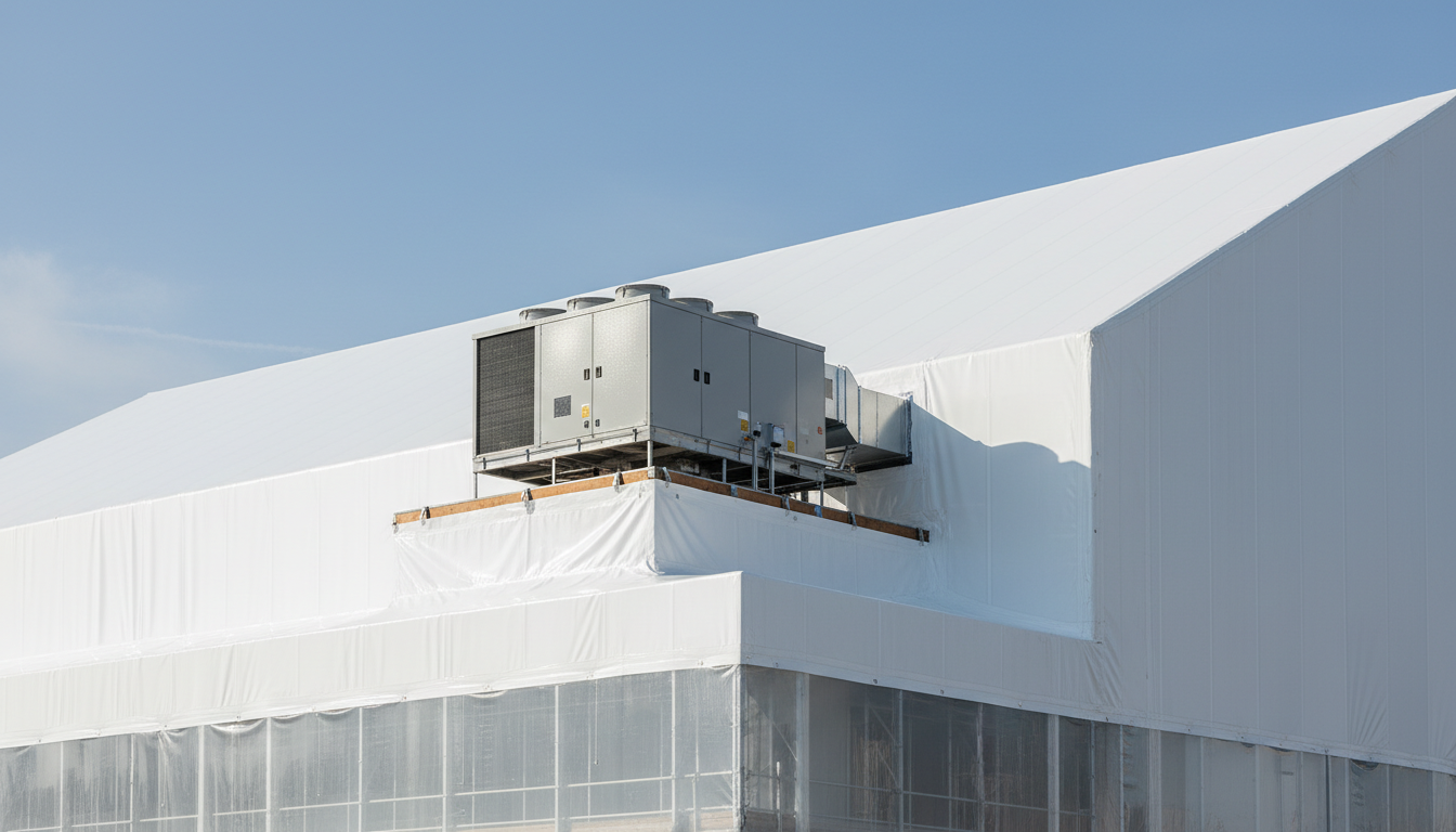 Commercial HVAC RTU shrouded in industrial shrink wrap.