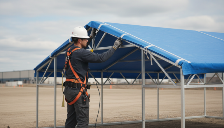 Worker in safety harness installing emergency roof enclosure.