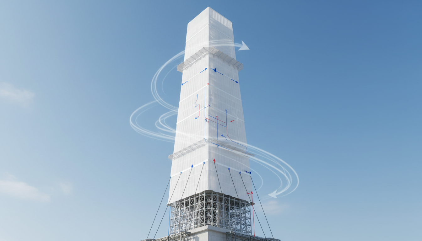 Vertical scaffolding enclosure with industrial shrink wrap on a high-rise.