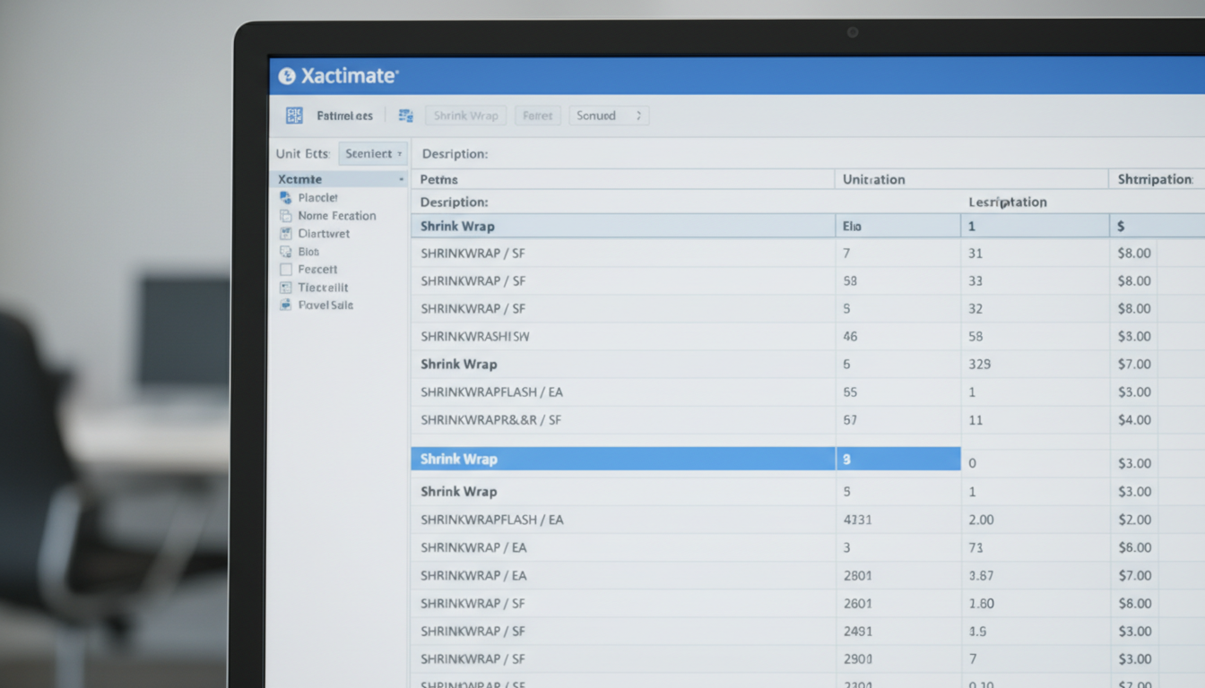 Xactimate estimation screen for professional roof wrapping.