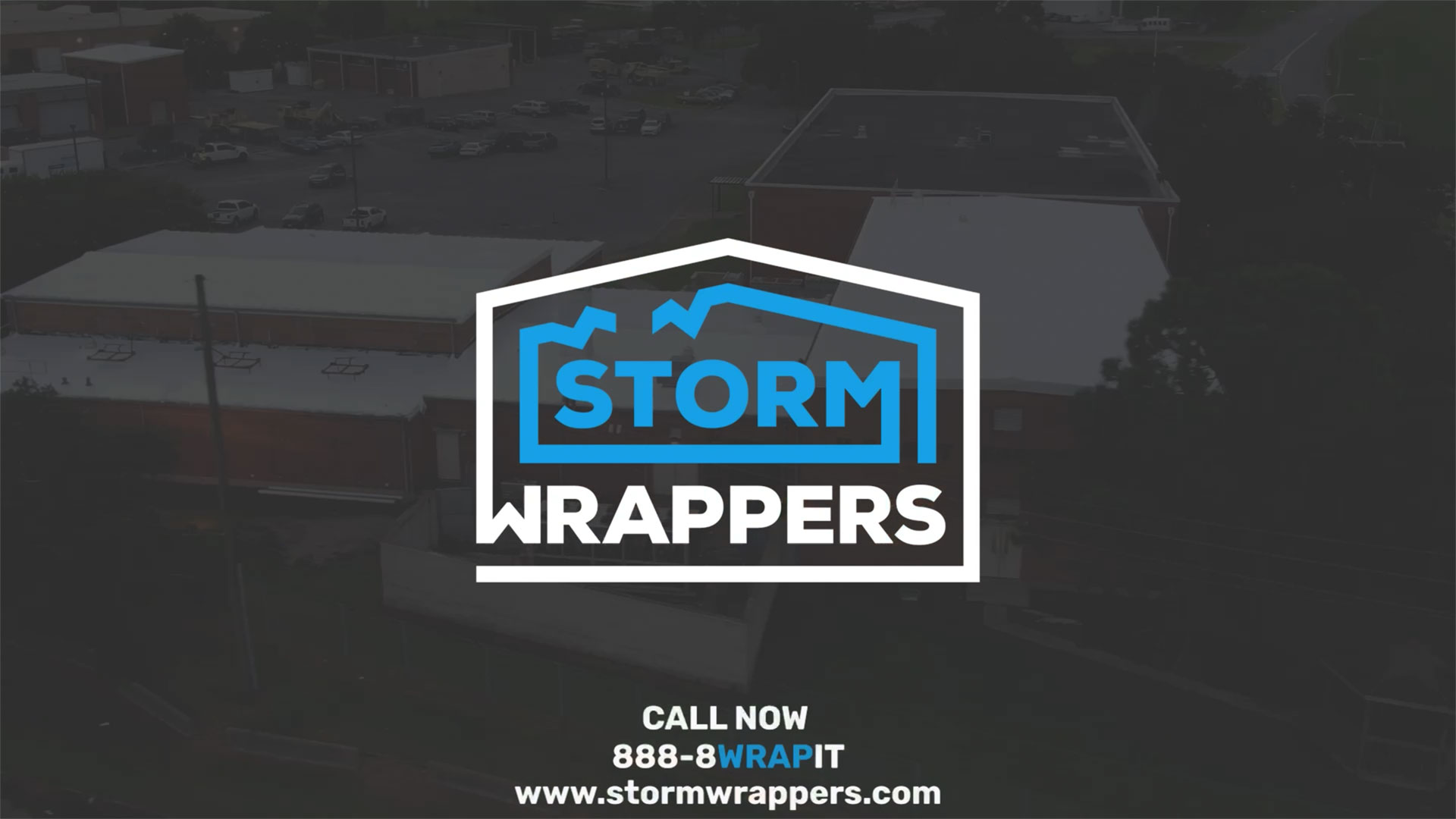 Storm Wrappers logo over a dark aerial background, with the call-to-action phone number and website visible.