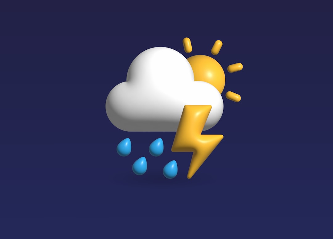 Cloud with sun, rain drops, and a yellow lightning bolt indicating stormy weather on a dark blue background.