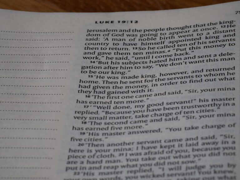 Bible page opened to Luke 19:12 with column of verses visible and dotted margin on left, showing scriptural text.